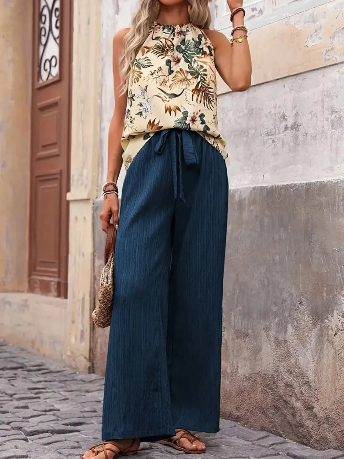 Printed Tank Top and Wide Leg Pants Set