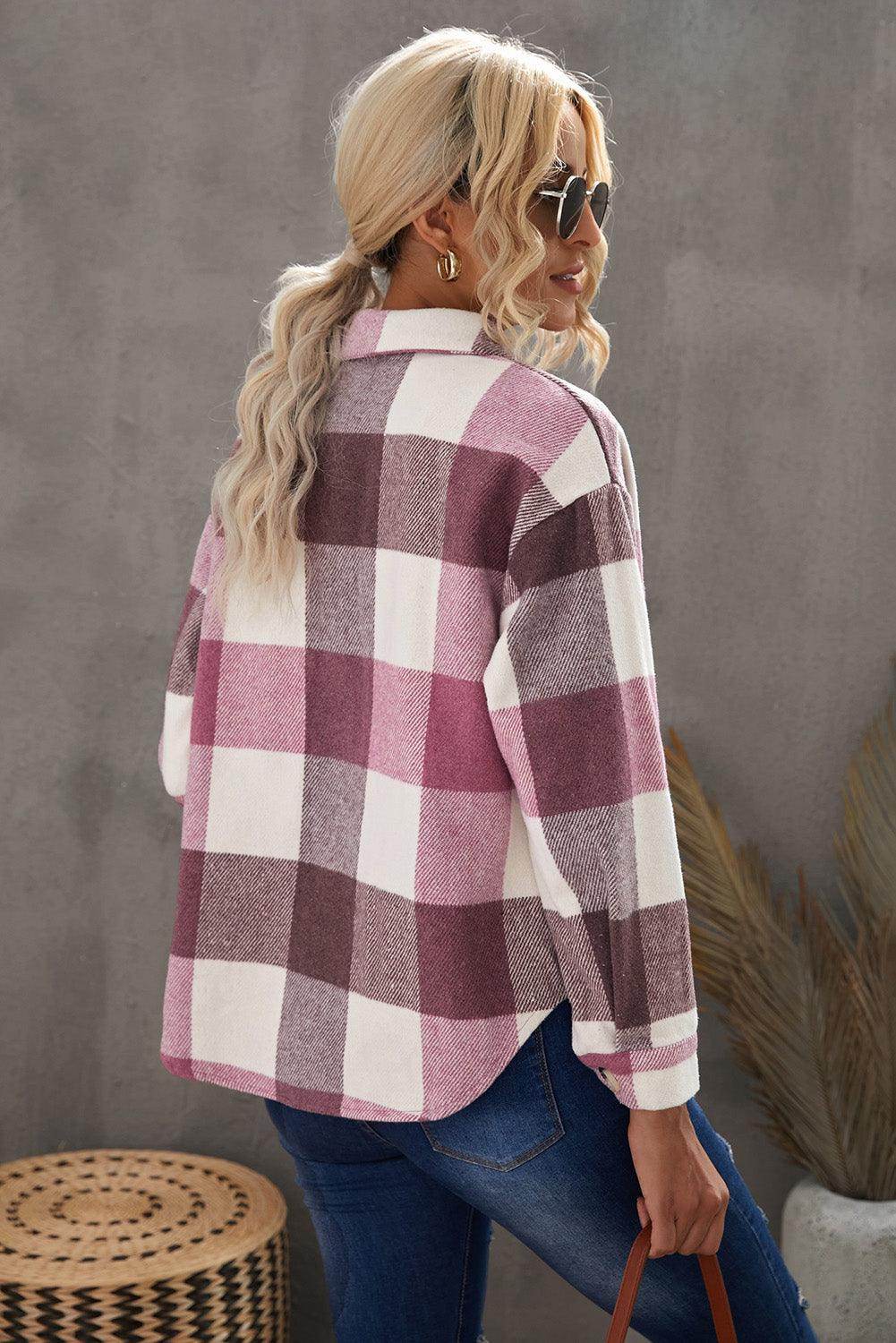 Plaid Button Up Dropped Shoulder Jacket for Women Stylish