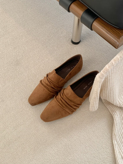 French-style Vintage Square-toe Pleated Hidden-heel Pumps For Women