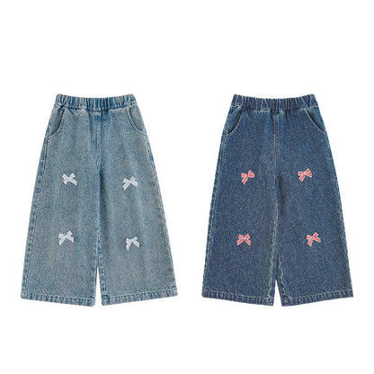 Bow-Embroidered Denim Wide-Leg Jeans For Girls