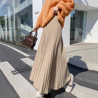 Pleated Knit Skirt AutumnWinter High-Waisted Stretchy Hip-Covering Long Flared Style