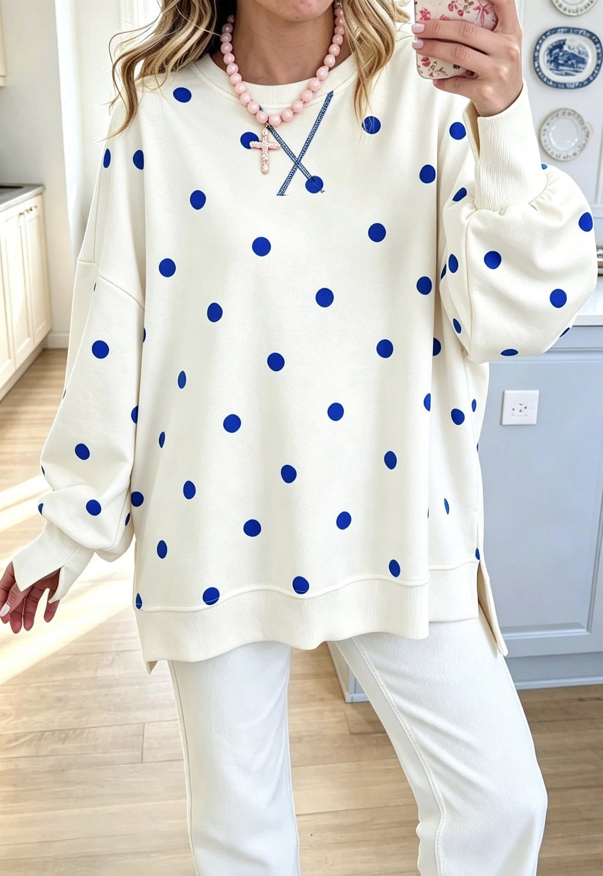 Womens Polka-Dot Print Pullover Long-Sleeve Sweatshirt