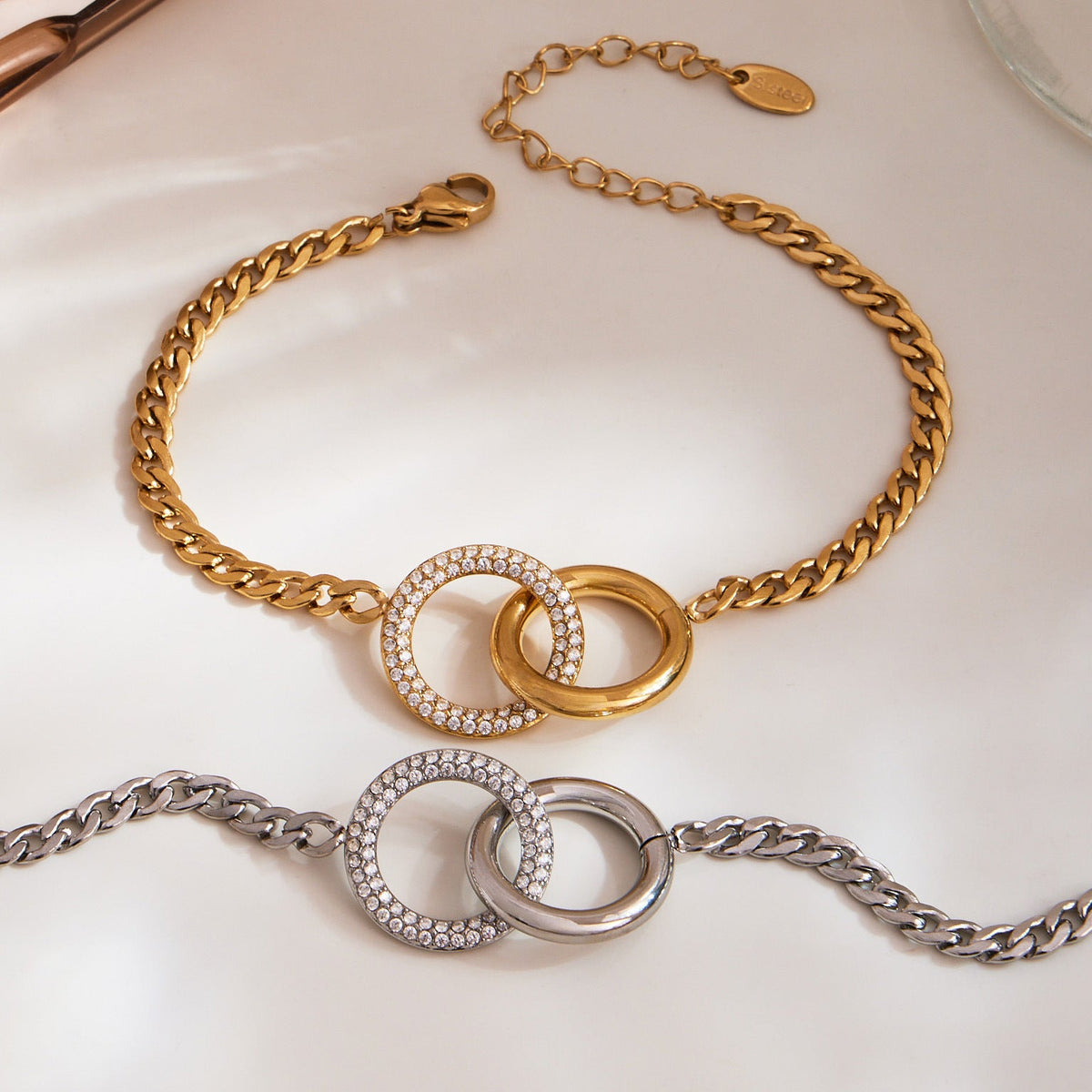 Minimalist Fashion Double-ring Zircon-inlaid Bracelet Necklace