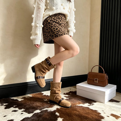 Women's Koreanstyle Belt Buckle Slouch Boots, Widecalf Squaretoe Blockheel Midcalf Riding Boots