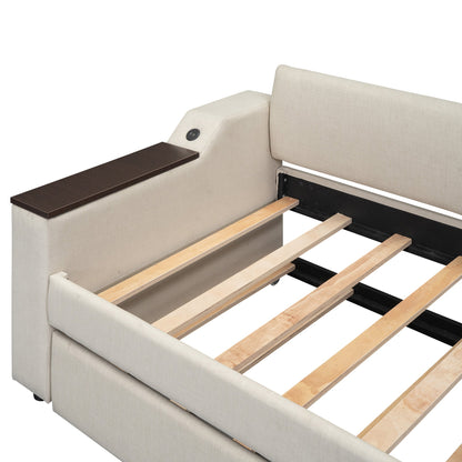 Twin Size Upholstery Daybed with Storage Arms  Trundle and USB Design Beige