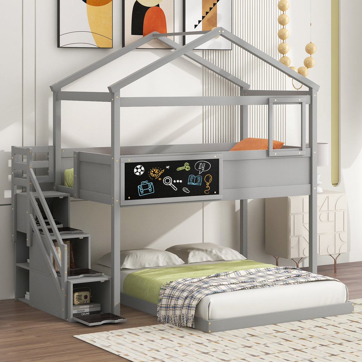 Twin over Full House Bunk Bed with Storage Staircase and Blackboard Gray