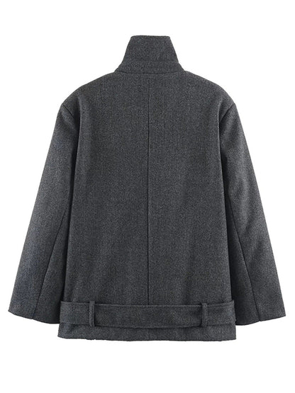 Double-Breasted Wool-Blend Short Coat With Scarf Collar & Belt