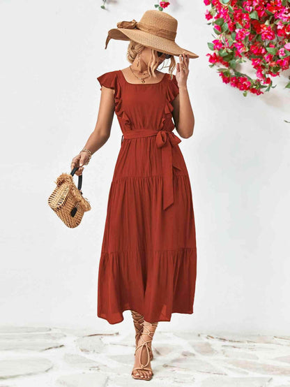Tie Belt Ruffled Tiered Dress for Chic Midi Style