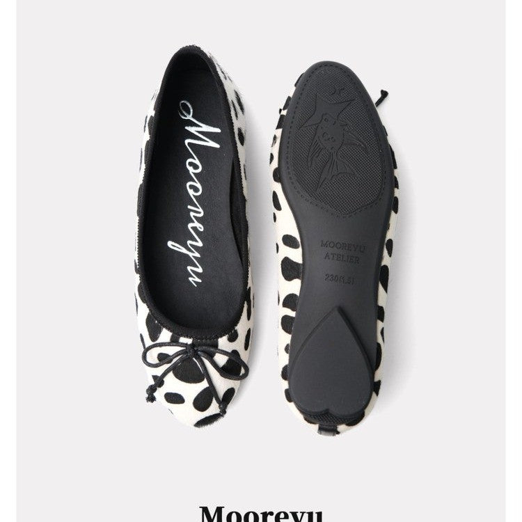 Women Spring Autumn Elevated 3cm Vintage Horsehair Leopard Polka Dot Classic Round Toe Bow Low Cut Pumps