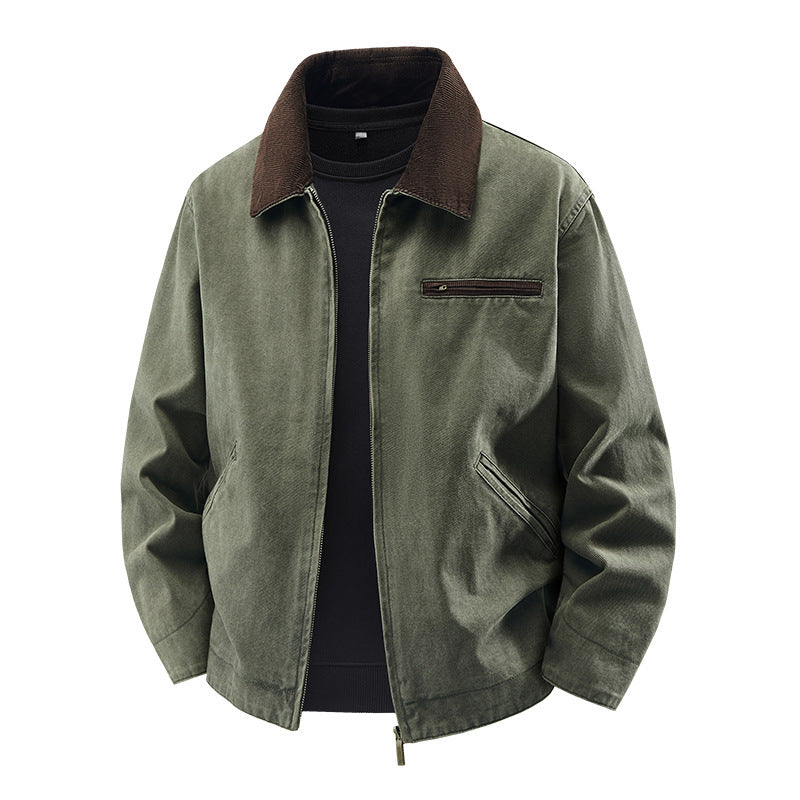 Lightweight Loose-fit Plus-size Washed Work Jacket With A Lapel Collar