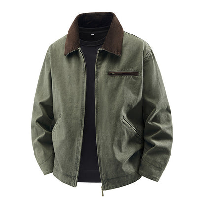 Lightweight Loose-fit Plus-size Washed Work Jacket With A Lapel Collar