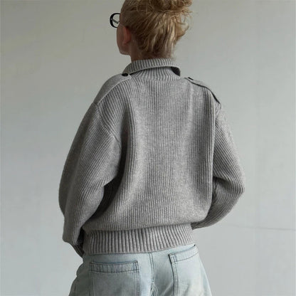 Women's Fashionable Casual Ribbed Mock-Neck Knitted Sweater With Buttons