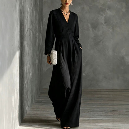 Womens V-neck Long-sleeve Relaxed-fit Wide-leg Jumpsuit