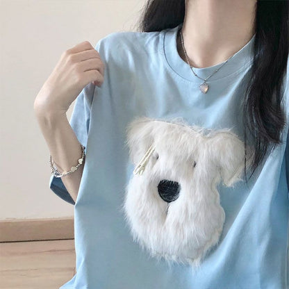 Cotton Plush Puppy Embroidered Short Sleeve