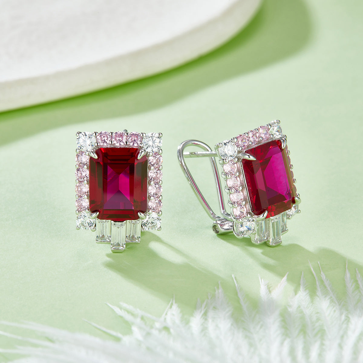 S925 Silver 6.5g 8ct Lab-Created Ruby Earrings, 10x8mm Emerald Cut, Pair