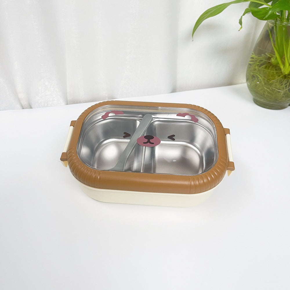 Cartoon cute bear stainless steel portable compartment lunch box with lid