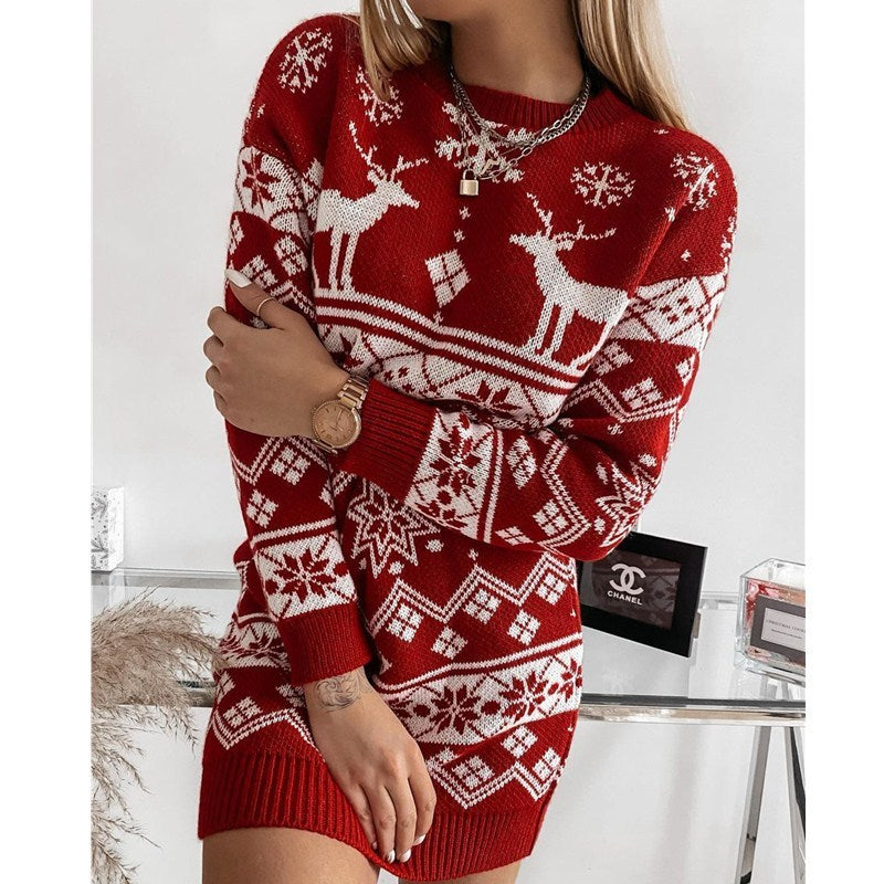 Elk Snowflake Knitted Dress, Long Sweater
