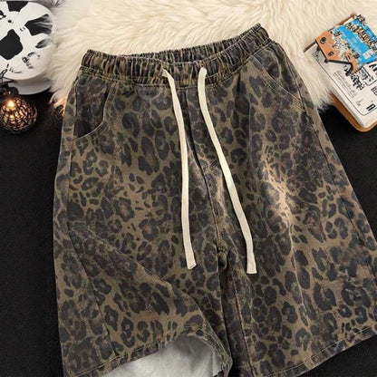 Men's Casual Leopard-print Elastic-waist Shorts