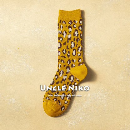Ins Combed Cotton Mid-calf Socks Double-needle Korean-style Leopard Print