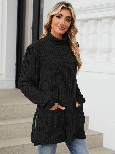 Slit Mock Neck Long Sleeve T-Shirt for Women with Pocket