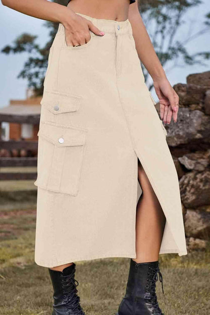 Slit Front Midi Denim Skirt with Pockets for Women