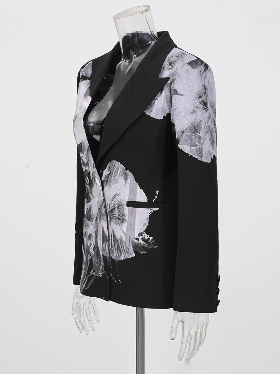 Ink Floral Print Blazer & Flared Trousers Two-Piece Suit