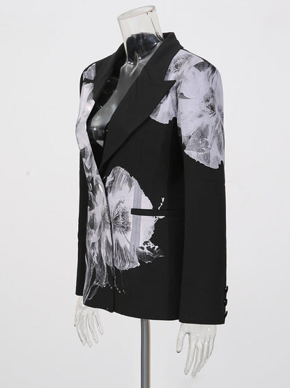 Ink Floral Print Blazer & Flared Trousers Two-Piece Suit