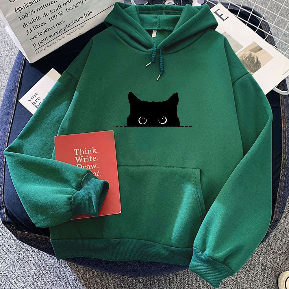 Black Cat Stare Cartoon Womens Hoodie