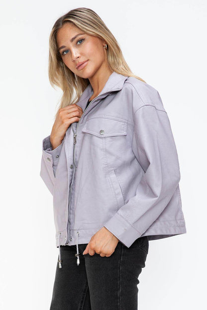 How Dare U Drawstring Hem PU Leather Zip Up Jacket Women