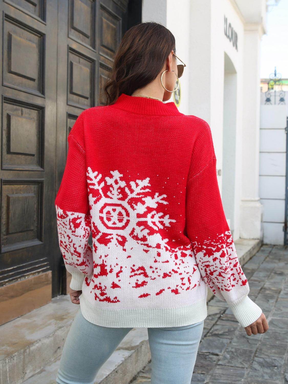 Snowflake Pattern Mock Neck Sweater for Cozy Winter Style