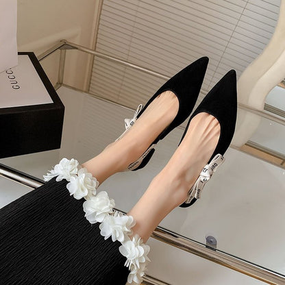 Women Genuine Leather Closed Toe Backless Flat Sandals, Pointed Toe Bow Style Pumps New Summer