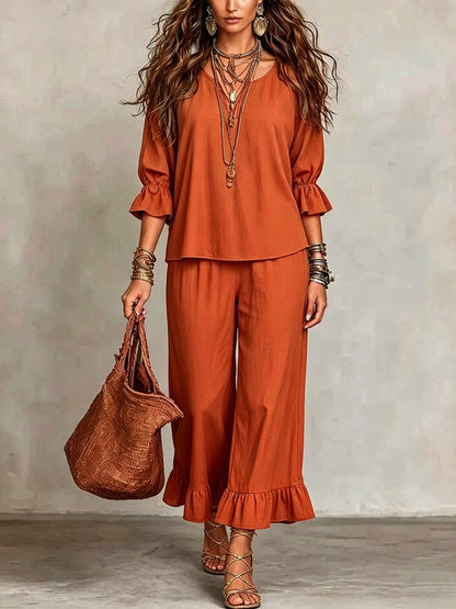 Women's Solid-color Loose-fit Casual Button-up Set