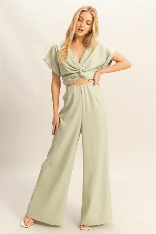 HYFVE Twisted Front Short Sleeve Top and Wide Leg Pants Set