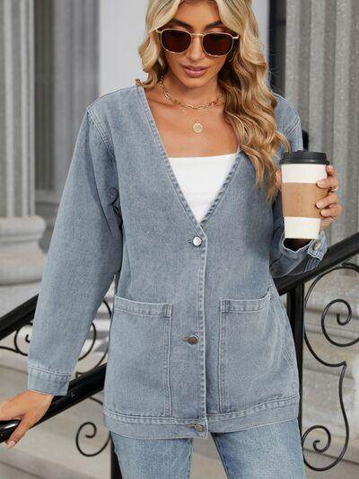 Pocketed V-Neck Button Up Denim Jacket for Stylish Looks