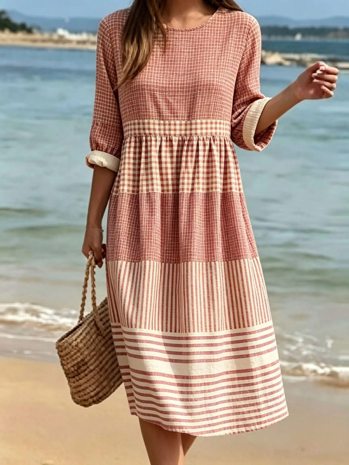 Womens Casual Patchwork Cotton-Linen Dress