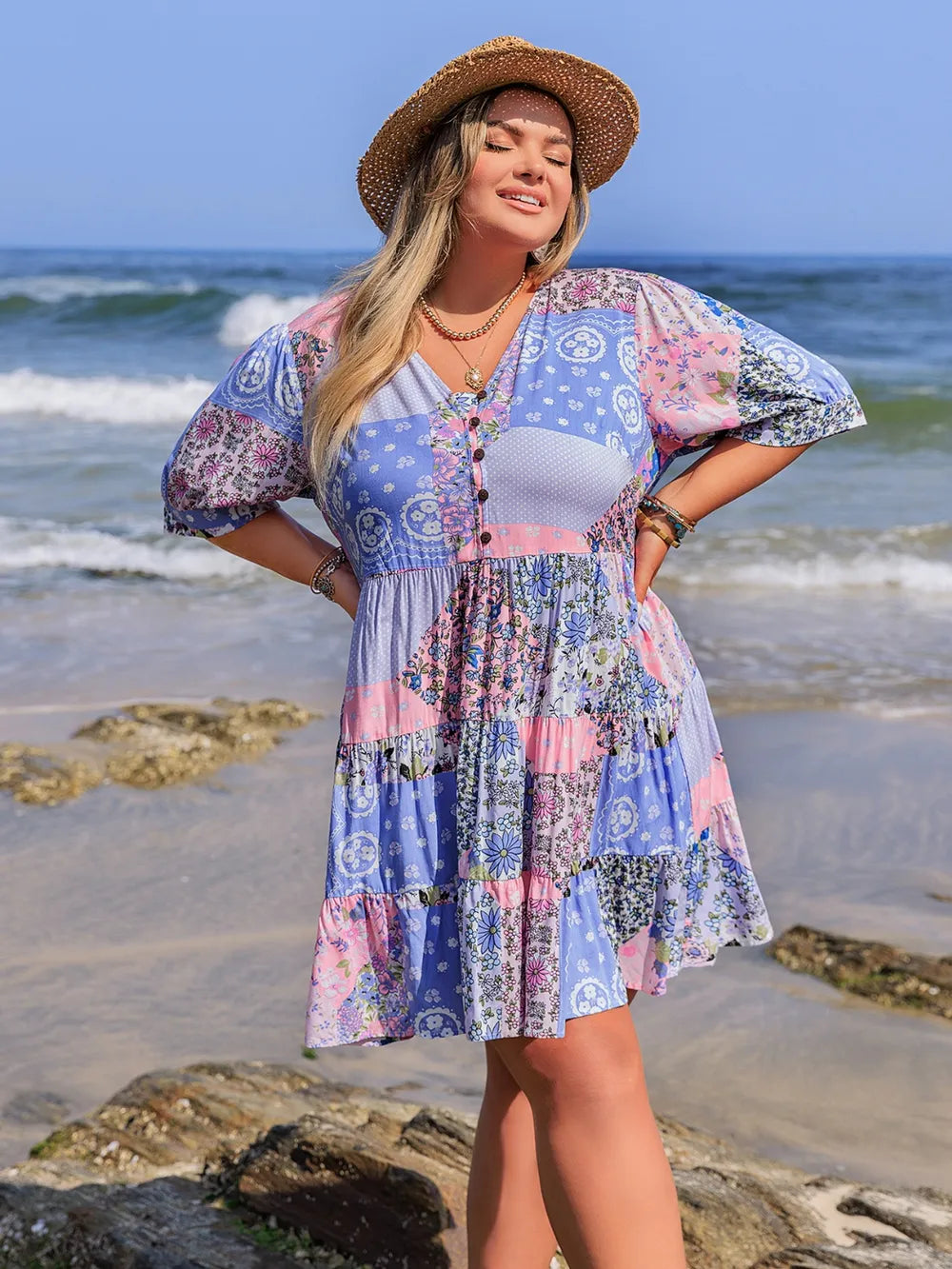 Plus Size Printed V-Neck Tiered Mini Dress