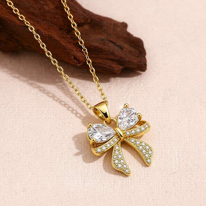 Bowknot Copper Accessory Paired With Stainless Steel Chain And Zircon Pendant Necklace