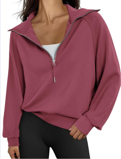 Women's Short Stand-collar Half-zip Fleece-lined Solid-color Sweatshirt