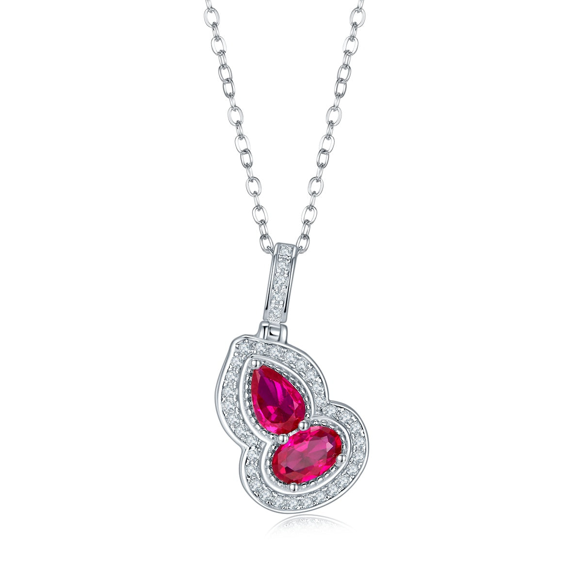 S925 Silver 2.7g Lab-Created Ruby Necklace, 6.4mm Two-Stone Halo Pendant, 40&5cm