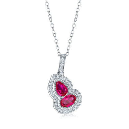 S925 Silver 2.7g Lab-Created Ruby Necklace, 6.4mm Two-Stone Halo Pendant, 40&5cm