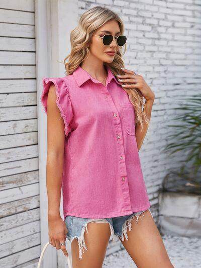 Ruffled Pocketed Collared Neck Cap Sleeve Denim Top for Women