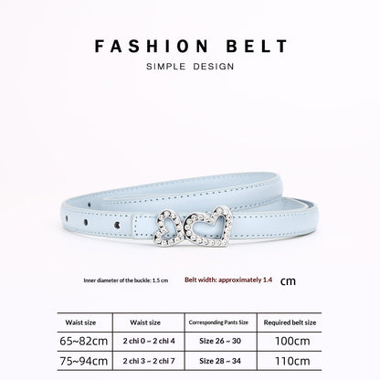 Genuine Cowhide Women's Slim Belt - Heart Shape Rhinestone Decorated Thin Waist Strap for Dress