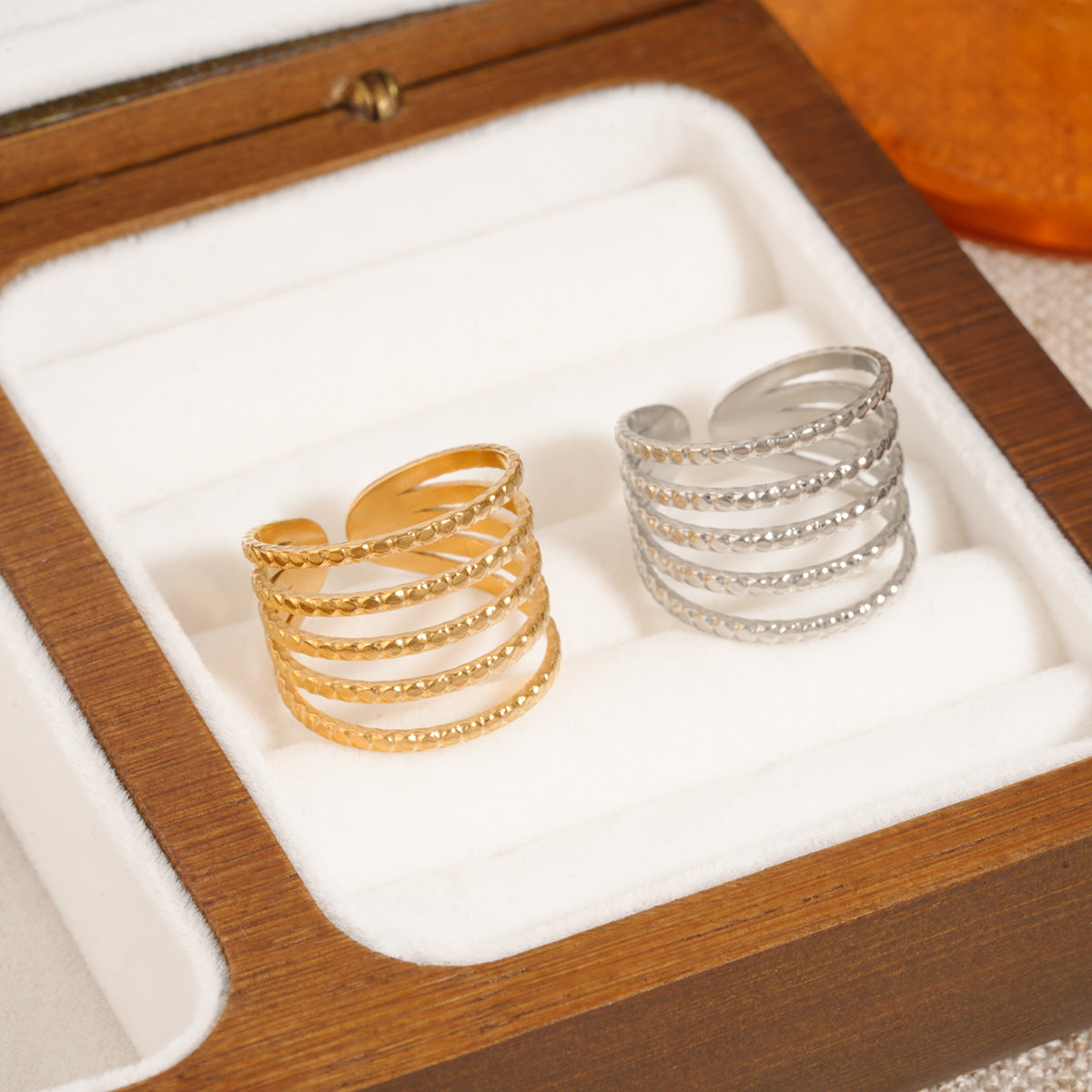European American Fashion Open Adjustable Stainless Steel Ring For Women, Unique Line Design, Trendy Retro Hand Jewelry