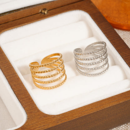 European American Fashion Open Adjustable Stainless Steel Ring For Women, Unique Line Design, Trendy Retro Hand Jewelry