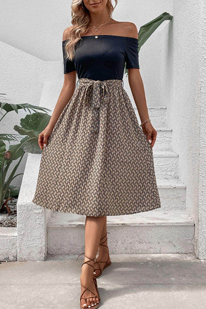 Perfee Printed Tie Belt Off-Shoulder Dress for Women