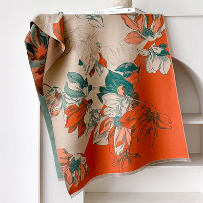 Chinese-style Landscape And Floral Cashmere-look Scarf