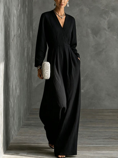 Womens V-neck Long-sleeve Relaxed-fit Wide-leg Jumpsuit