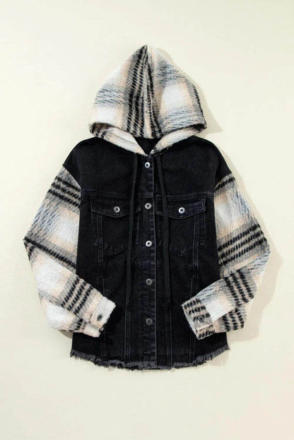 Drawstring Raw Hem Button Up Hooded Denim Jacket for Women