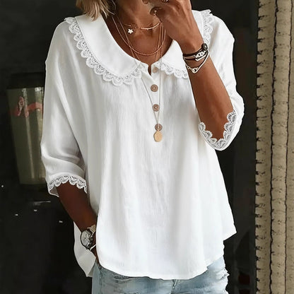 Fashionable Collar With Lace Trim Blouse Tops For Women Spring Summer Solid-Color Button-Up Shirt