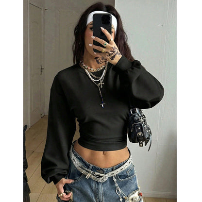 Women's Short Slim-fit Round-neck Solid-color Hoodie